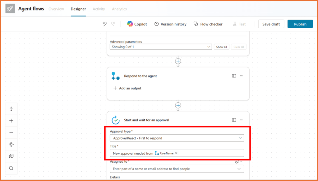 Screenshot of an agent flow setup in Copilot Studio showing the 'Start and wait for an approval' action with fields for approval type and title.