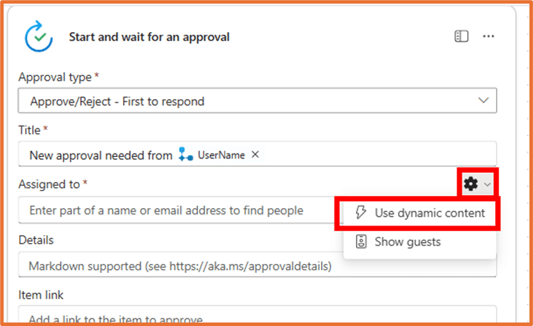 Screenshot of the 'Start and wait for an approval' action in Copilot Studio, displaying fields for approval type, title, assigned to, and details.