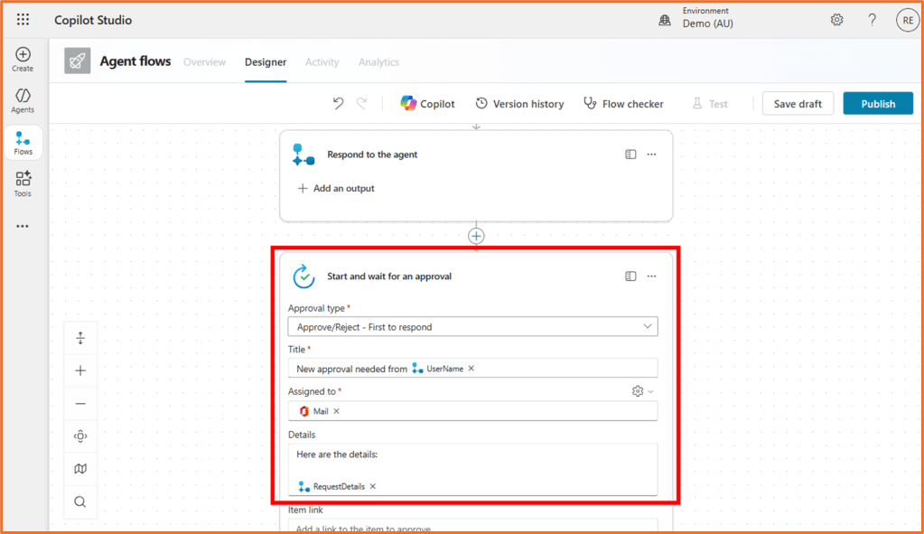 A screenshot of the Copilot Studio interface displaying the 'Start and wait for an approval' action. The section includes fields for approval type, title, assigned recipient, and additional details.