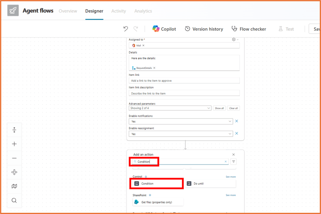 Screenshot of the Copilot Studio agent flow designer, showing the configuration for a condition action within an approval process.