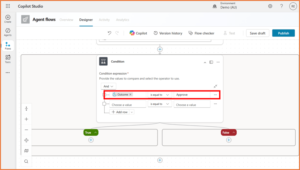 Flow condition setup in Copilot Studio showing approval process with true and false branches.