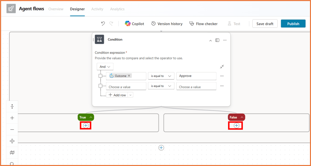 Screenshot of the agent flow designer in Copilot Studio showing a condition action with 'Outcome' and approval criteria on the interface.