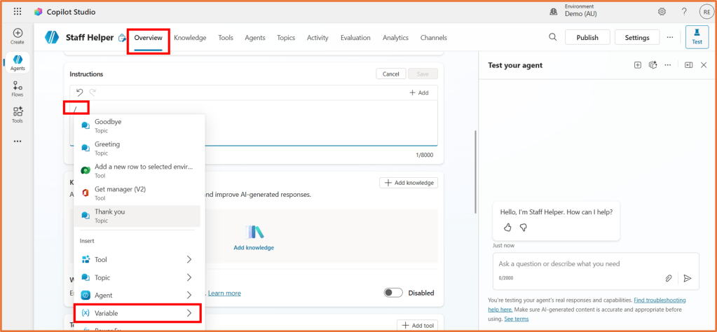 Screenshot of Copilot Studio showing the Staff Helper overview section, including options for adding instructions, tools, and topics, along with a test agent feature on the right.