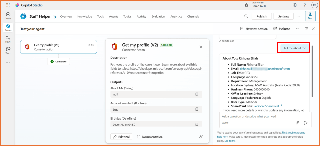 Screenshot of a user interface in Copilot Studio showing the 'Get my profile (V2)' connector action, with sections for agent testing, description, outputs, and user details including name, email, job title, and company information.