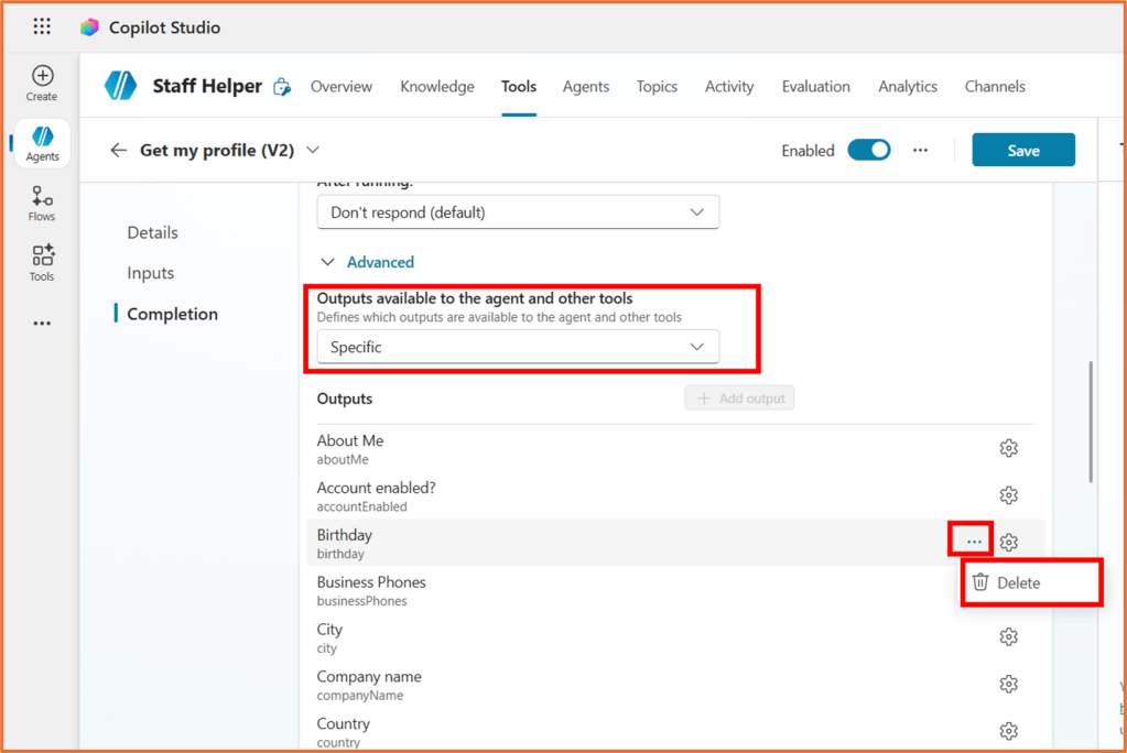 Screenshot of Copilot Studio interface showing the 'Outputs available to the agent and other tools' section, with options for output visibility and a list of outputs including 'Birthday' and a delete option.
