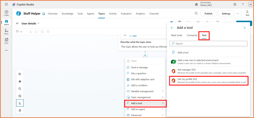 Screenshot of a user interface in Copilot Studio, featuring the 'Add a tool' option under the 'Topics' section, with details for 'Get my profile (V2)' highlighted.