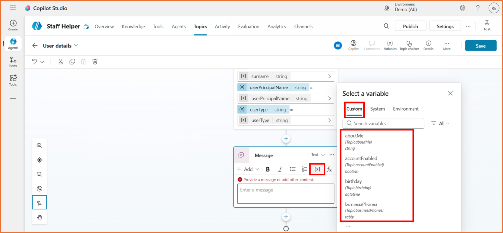 Screenshot of the Copilot Studio interface displaying the Staff Helper section, with a focus on user details, message composition area, and variable selection options.