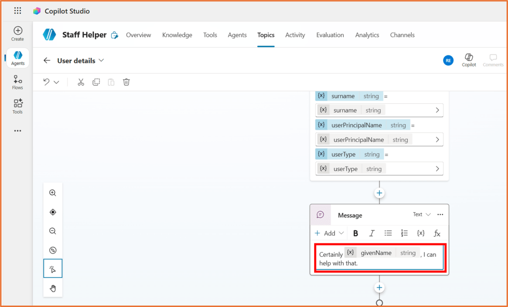 Interface of Copilot Studio showcasing the 'Staff Helper' section, displaying user detail fields including surname, userPrincipalName, userType, and a message prompt.