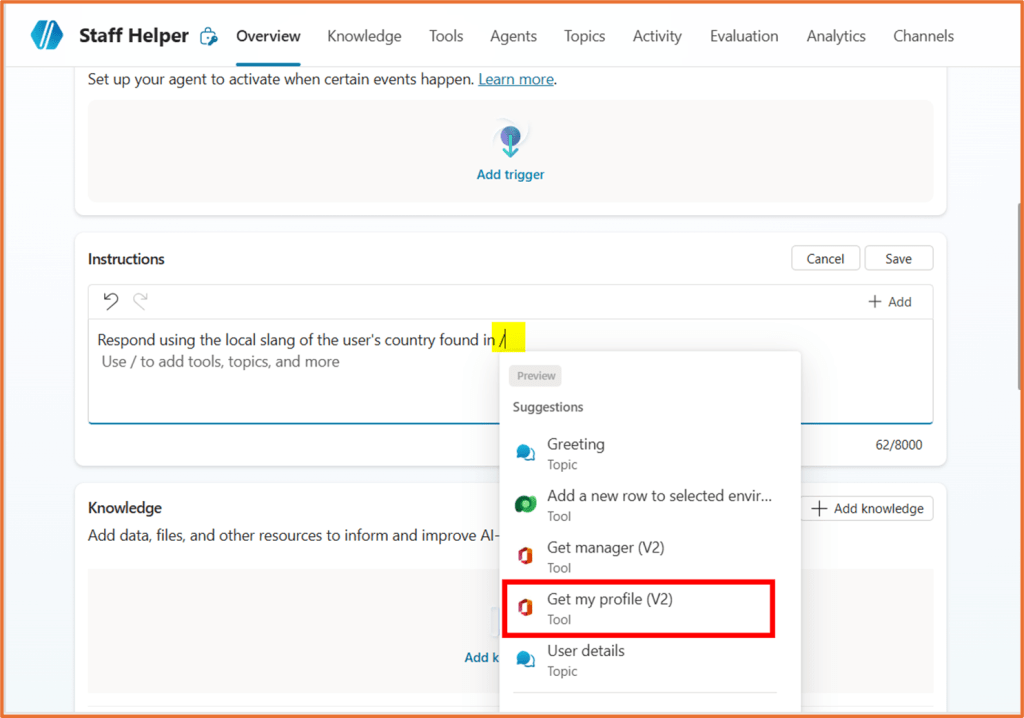 Screenshot of a user interface labeled 'Staff Helper' featuring sections for instructions, suggestions, and knowledge. Notable elements include a highlighted instruction to respond using local slang and a dropdown menu displaying options such as 'Get my profile (V2)' in red.