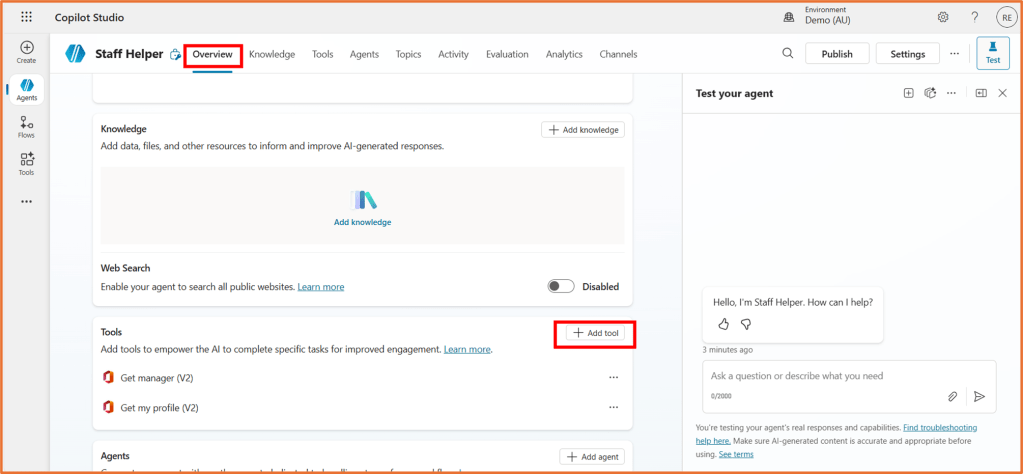 Screenshot of the Copilot Studio interface showing the 'Staff Helper' overview section, featuring options for knowledge management, web search, and tools to enhance AI engagement.