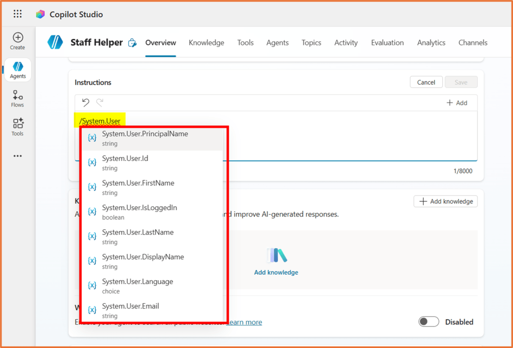 An interface screenshot of Copilot Studio showing the 'Staff Helper' overview section, with highlighted text '/System.User' and a dropdown list containing various user attributes like 'System.User.PrincipalName', 'System.User.Id', and 'System.User.FirstName'.