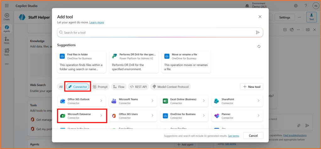 Screenshot of the Copilot Studio interface showing the 'Add tool' section with suggestions including 'Connector', 'Microsoft Dataverse Connector', and other available tools.