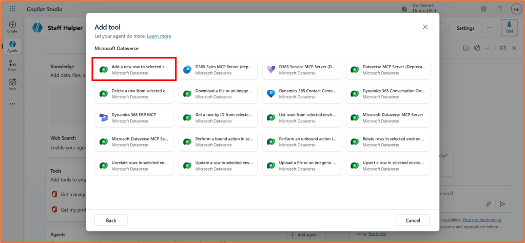 Screenshot of the 'Add tool' interface in Microsoft Dataverse, highlighting the option 'Add a new row to selected...'. Various other tool options are also displayed.