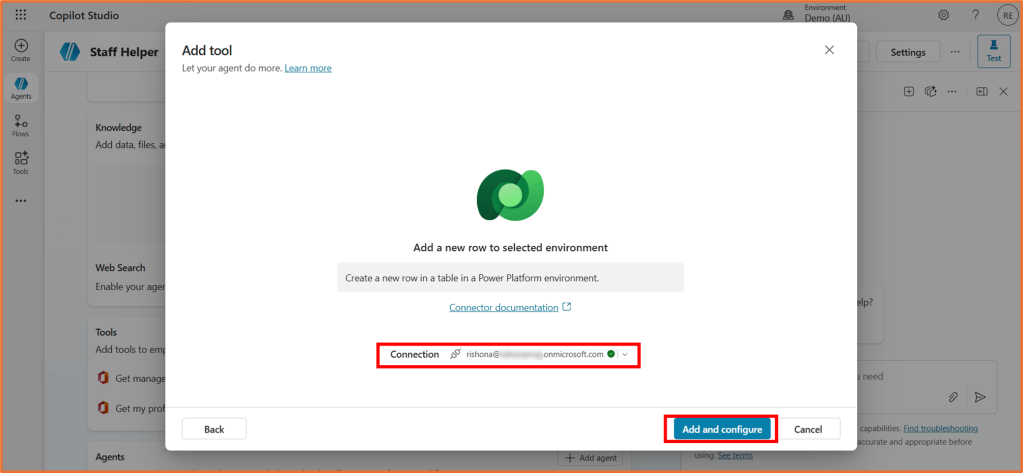 Screenshot of the Copilot Studio interface showing the 'Add tool' dialog box with options to add a new row in a Power Platform environment and a highlighted connection email.