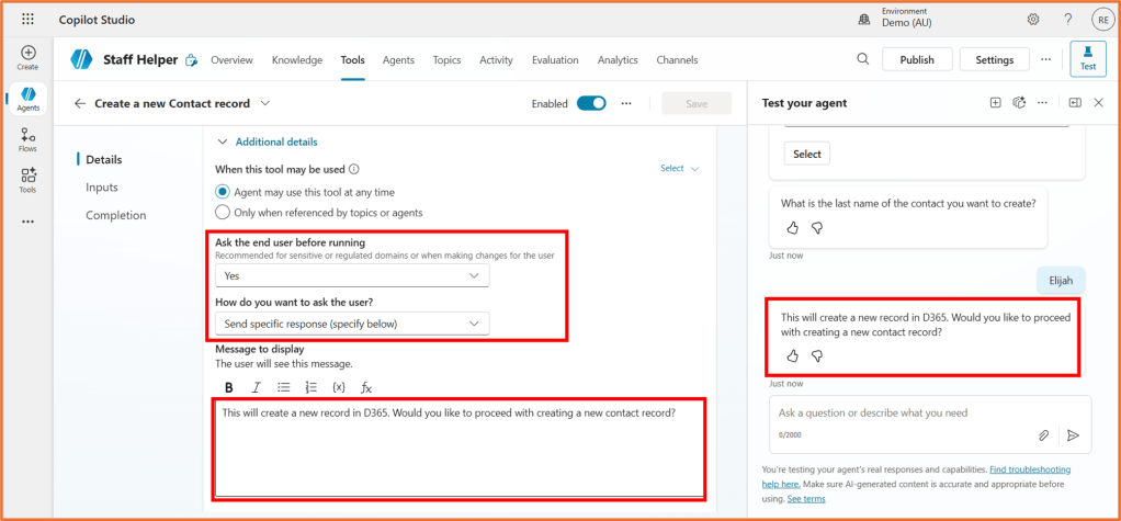 Screenshot of a software interface showing the process of creating a new contact record, including fields for user prompts and confirmation messages.