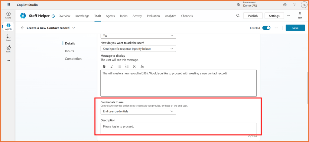 Screenshot of the Copilot Studio interface showing the 'Create a new Contact record' section under 'Staff Helper' with options for user interaction and credential selection.