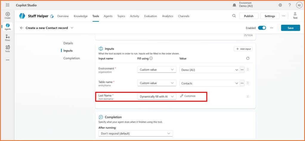 Screenshot of the 'Create a new Contact record' interface in Copilot Studio, showing input fields for 'Environment', 'Table name', and 'Last Name', with the 'Last Name' field highlighted in red and set to dynamically fill with AI.