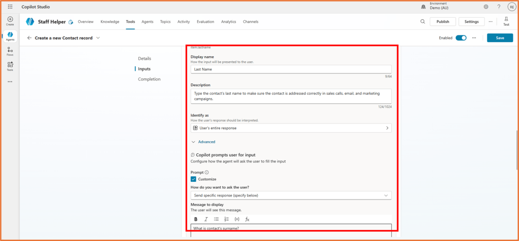 Screenshot of the Copilot Studio interface showing the 'Create a new Contact record' section with fields for Display name, Description, Identify as, Prompt, and Message to display.