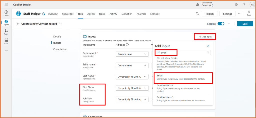 Screenshot of the Copilot Studio interface, showing the 'Create a new Contact record' section. The Inputs tab is displayed, featuring fields for 'First Name', 'Job Title', and an option to add an email input. The environment settings and additional input options are visible on the left.