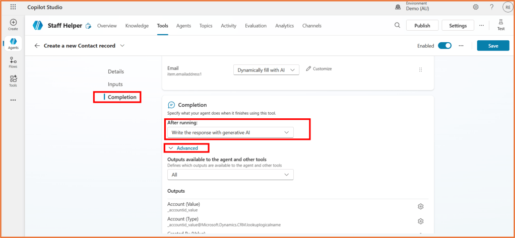 Screenshot of the 'Copilot Studio' interface showing the 'Staff Helper' tool section for creating a new contact record. Key areas highlighted include 'Completion', 'After running:' with a text box for input, and 'Advanced' options for outputs.