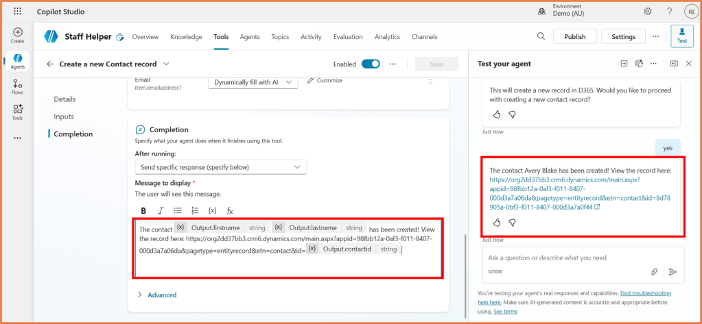 Screenshot of the Copilot Studio interface showing the creation of a new contact record, with messages displayed about the successful creation of the contact 'Avery Blake'.