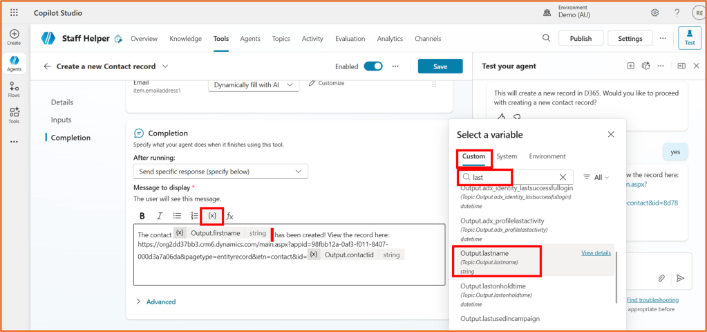 Screenshot of Copilot Studio interface showing the process to create a new contact record. It includes sections for completion message display, variable selection, and testing agent responses.