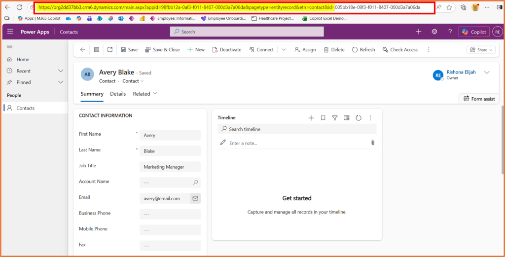 Screenshot of a contact management system showing details for a contact named Avery Blake, including fields for first name, last name, job title, and email.