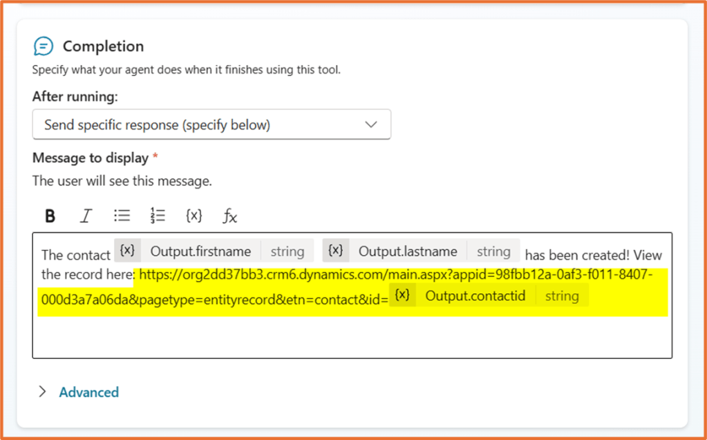 Screenshot of a web interface displaying a message about the creation of a contact record, including placeholders for the first and last name, and a link to view the record.