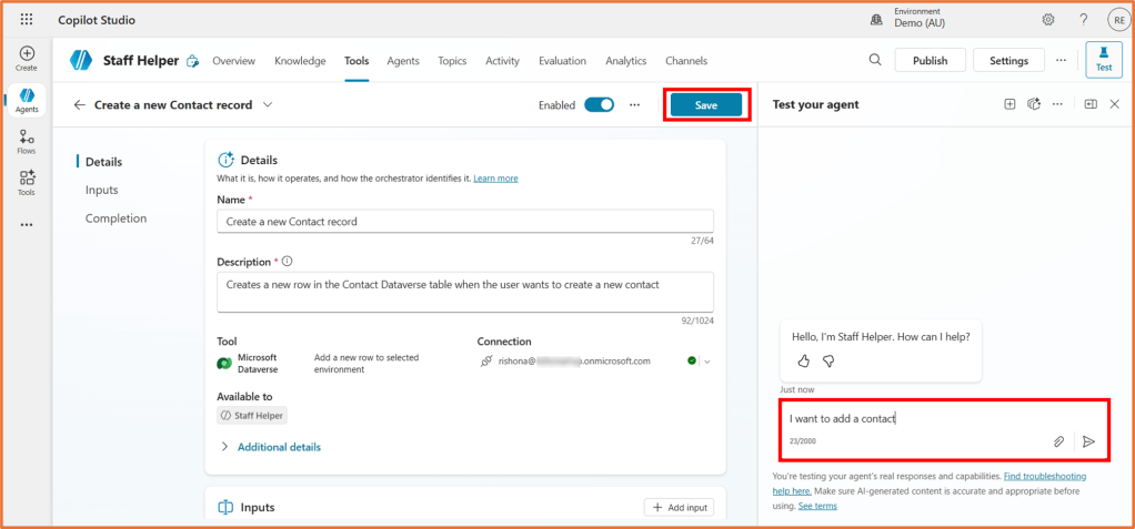 Screenshot of the Copilot Studio interface displaying the 'Create a new Contact record' tool, with details about the tool, description, and an interactive agent chat on the right.