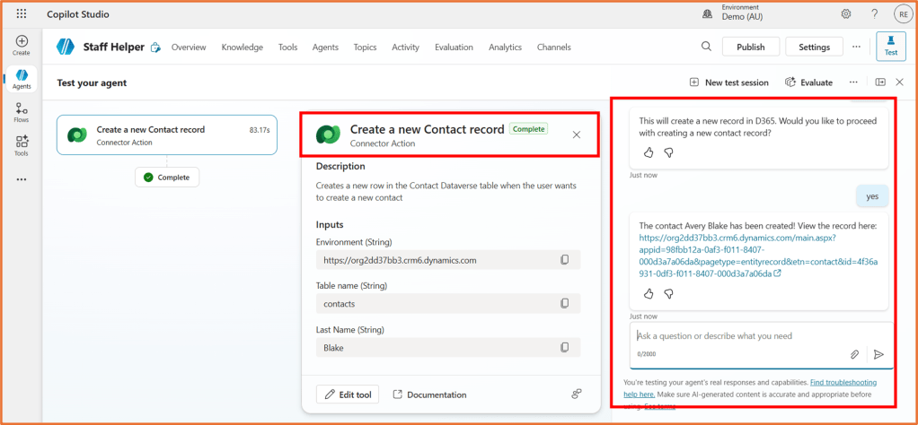 Screenshot of the Copilot Studio interface showing the creation of a new contact record within the Staff Helper tool, including input fields for environment, table name, and last name.