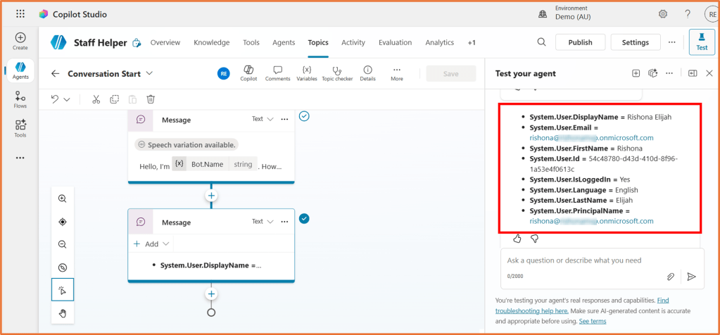 Screenshot of Copilot Studio interface showing the Staff Helper section with conversation flow elements and user information details in red.