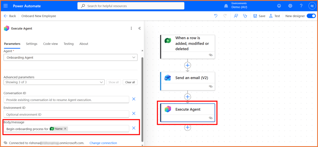 Screenshot of Microsoft Power Automate interface showing the parameters for the 'Execute Agent' action. It includes fields for 'Agent', 'Conversation ID', 'Environment ID', and a 'Body/message' section with the text 'Begin onboarding process for'.