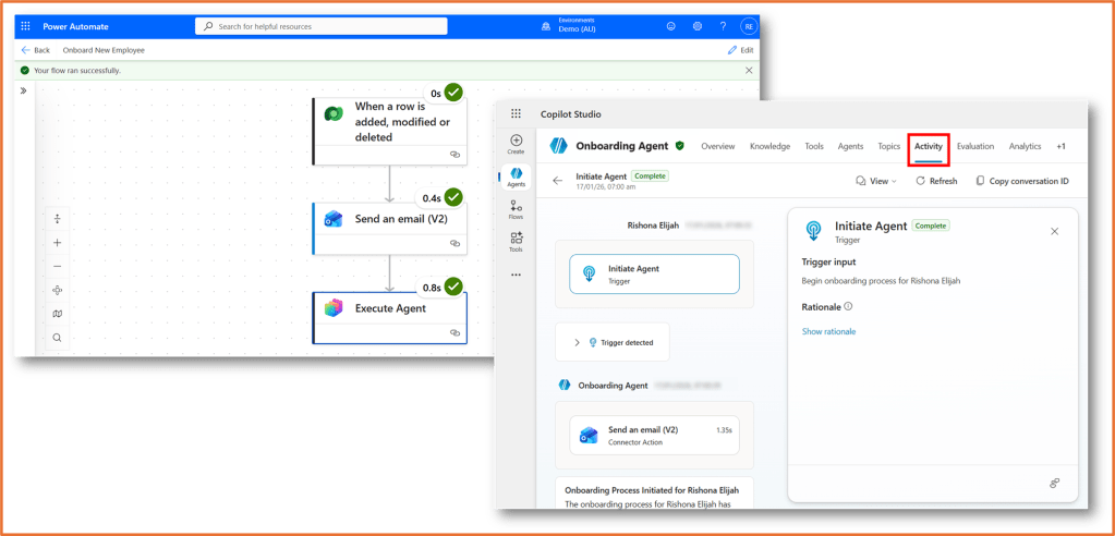 Screenshot of Microsoft Power Automate showcasing a flow for onboarding a new employee, displaying steps for adding, modifying, or deleting a row, sending an email, and executing an agent.