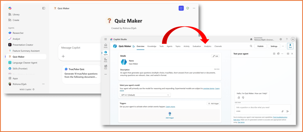 Screenshot of a digital interface showcasing a Quiz Maker application, highlighting the features for creating quizzes, managing agents, and accessing analytics.