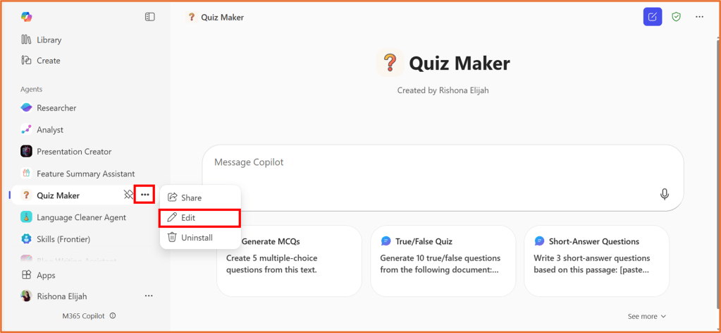Screenshot of the Quiz Maker interface showcasing various options including 'Share', 'Edit', and features for generating quizzes.
