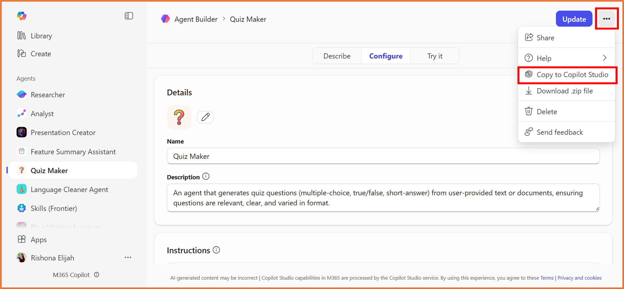 Move an agent from Agent Builder to full Copilot Studio – Rishona Elijah