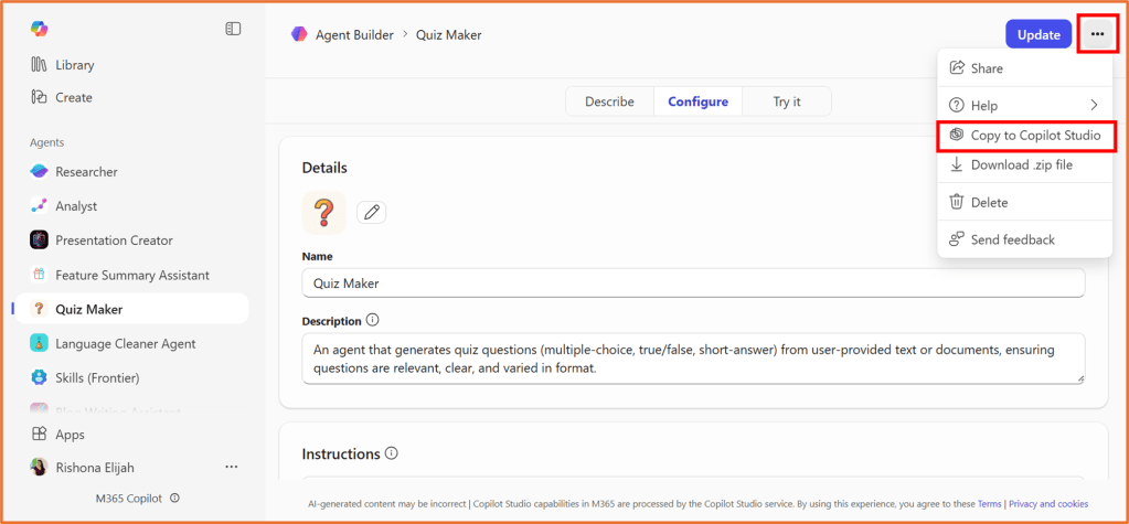 Screenshot of the Quiz Maker interface in the Agent Builder section, displaying options for updating, sharing, and configuring quiz generation settings.