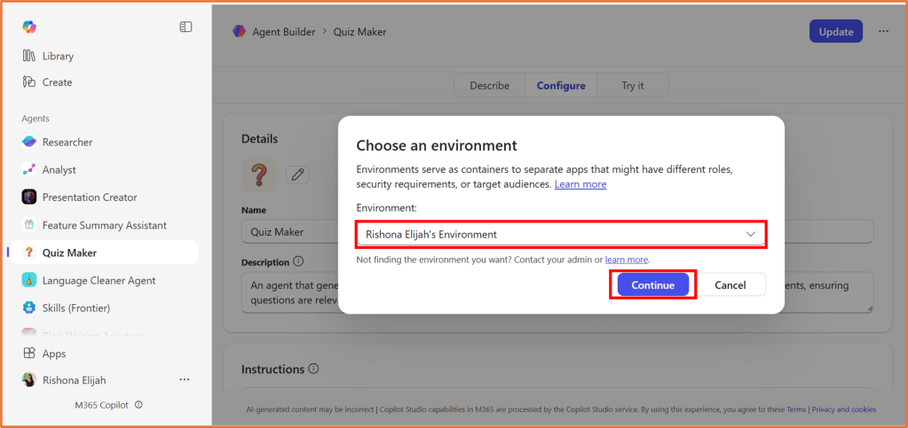 Screenshot of a user interface displaying the 'Choose an environment' dialog in Quiz Maker.