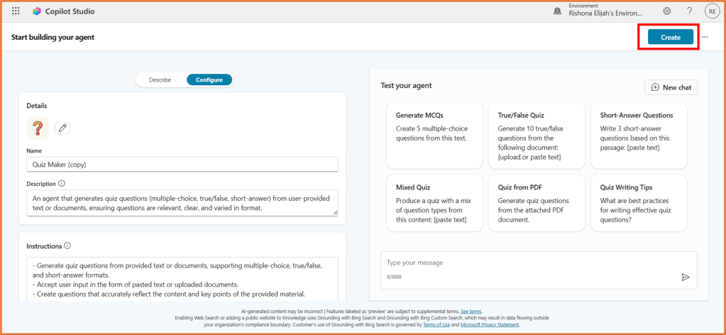 Screenshot of the Copilot Studio interface for creating an agent named 'Quiz Maker', featuring options for generating quiz questions and instructions for user input.