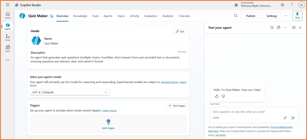 Screenshot of the Copilot Studio interface showing the Quiz Maker agent overview, including fields for agent details, model selection, triggers, and a test area for user interaction.