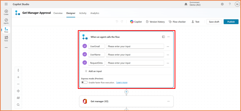 Screenshot of Copilot Studio interface showing the 'Get Manager Approval' flow design page, with fields for UserEmail, UserName, and RequestData highlighted.