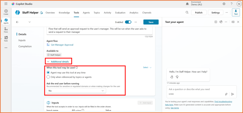 Screenshot of a user interface in Copilot Studio showing agent flow settings with highlighted options for usage and permissions.