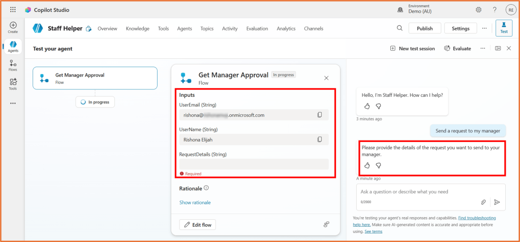 Screenshot of Copilot Studio showing the 'Get Manager Approval' flow with user input fields for email, name, and request details, alongside a chat interface.