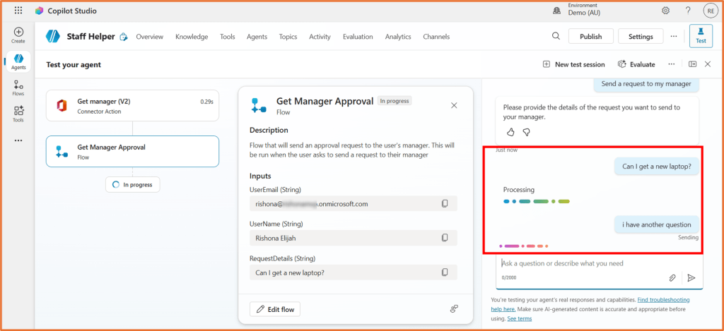 Screenshot of a digital interface titled 'Staff Helper', showcasing a request approval flow. The top section indicates an 'in progress' status for 'Get Manager Approval'. Inputs include UserEmail, UserName, and RequestDetails. On the right, chat messages show a user asking for a new laptop and another question.