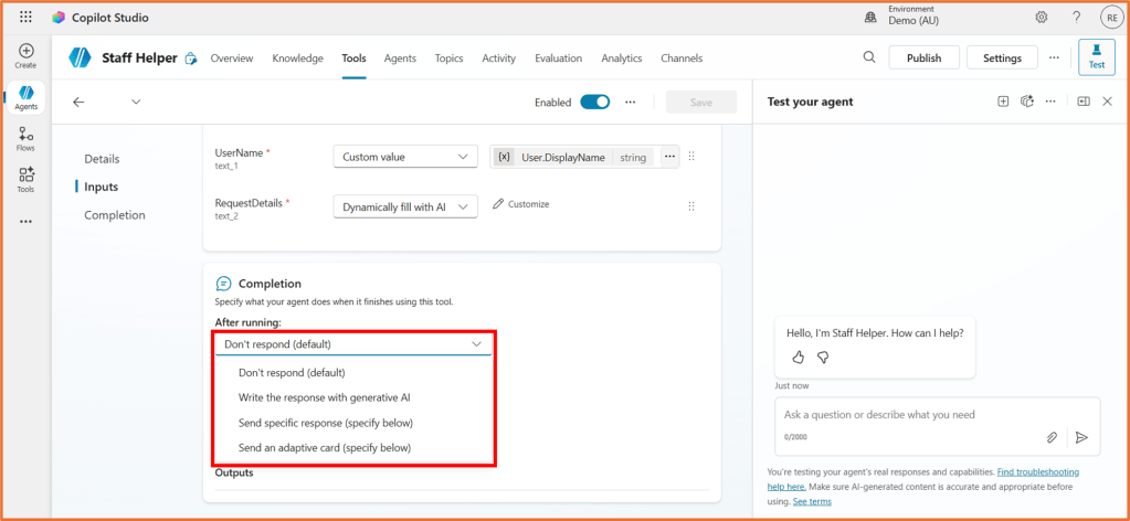 Screenshot of the Copilot Studio interface showing the 'Staff Helper' tool section with inputs and completion settings. It displays options for agent responses after running the tool.