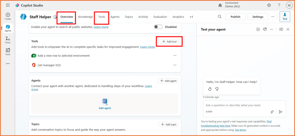 Screenshot of the Copilot Studio interface showing the 'Staff Helper' section with tabs for 'Overview', 'Knowledge', and 'Tools'. The 'Tools' section contains options to add tools for AI engagement and manage agents.