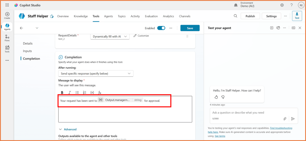Screenshot of Copilot Studio's Staff Helper interface, displaying a tool for agent completion with a highlighted message indicating a request has been sent for approval.
