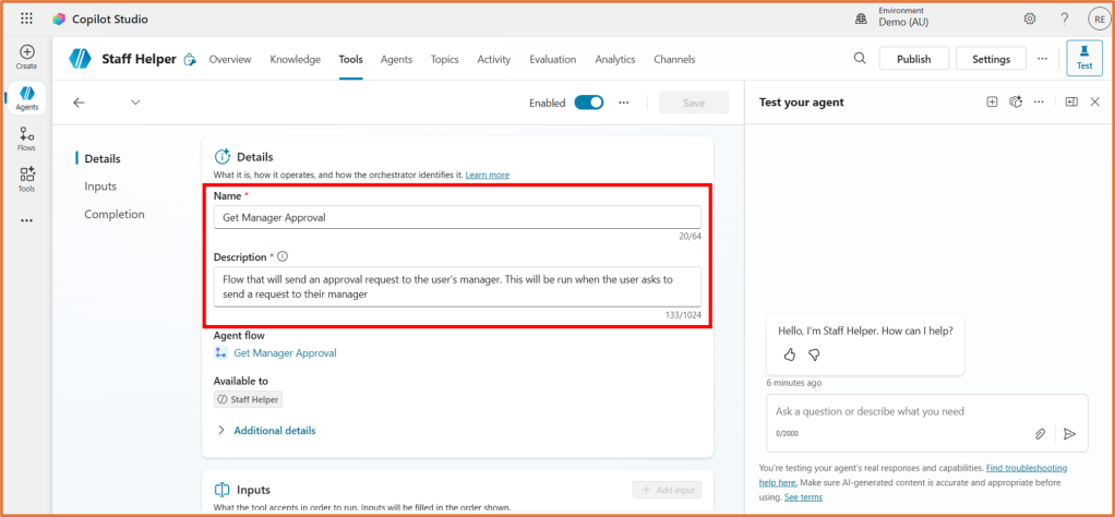Screenshot of Copilot Studio interface showing the 'Get Manager Approval' tool details, including its name and description, with sections for inputs and agent flow.
