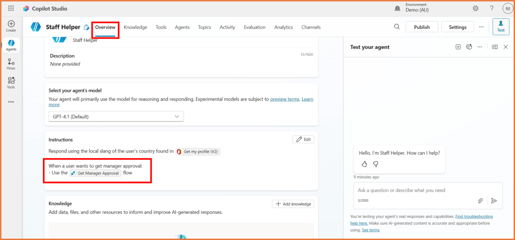 Screenshot of the Copilot Studio interface, displaying the 'Staff Helper' overview section, including agent model selection and instructions for getting manager approval.