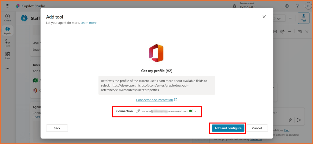 Screenshot of the Copilot Studio interface showing the 'Get my profile (V2)' tool configuration, with options to add a connection and a highlighted 'Add and configure' button.
